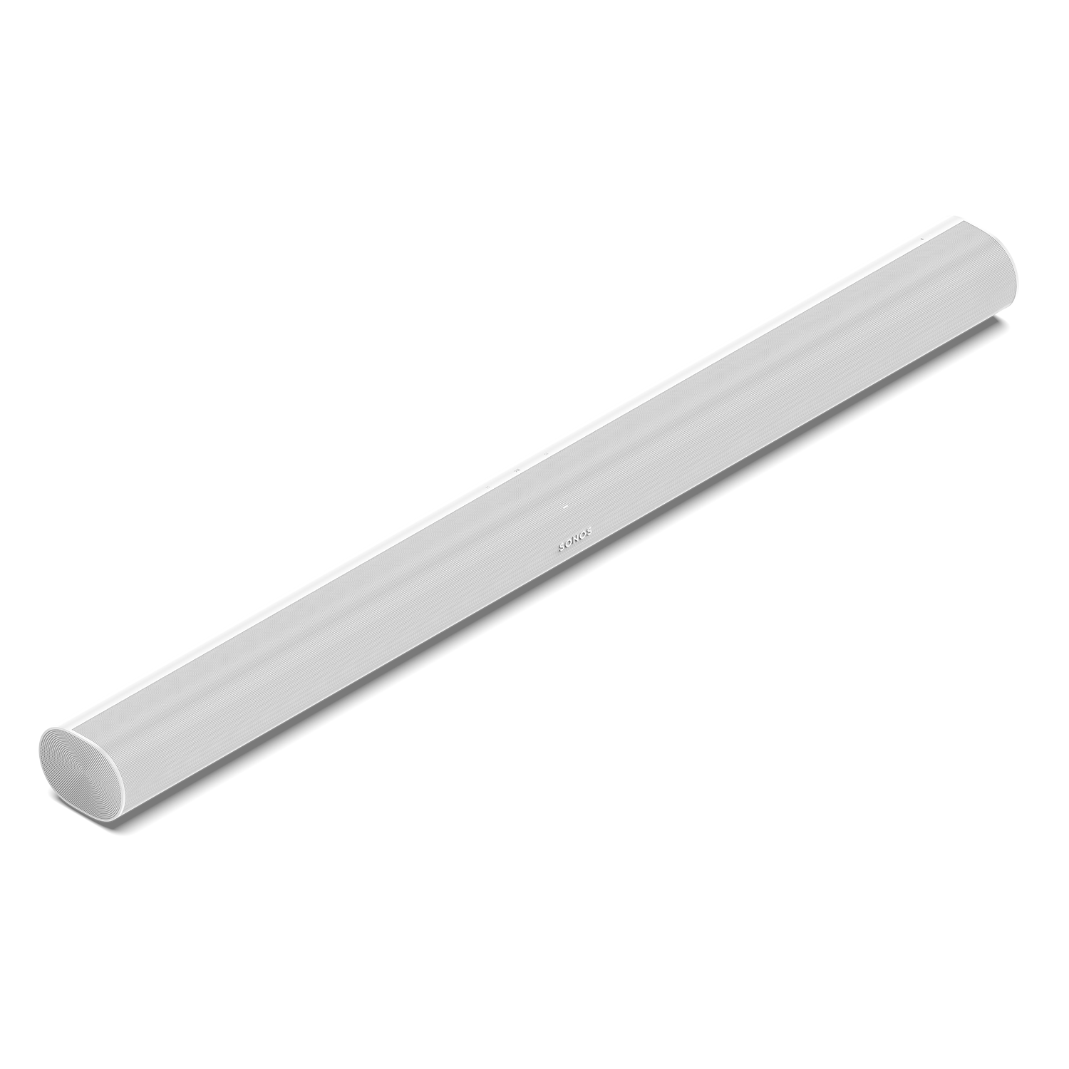 Witte, cilindrische soundbar. Hij heeft een mesh voorkant en afgeronde uiteinden, met een subtiel logo.