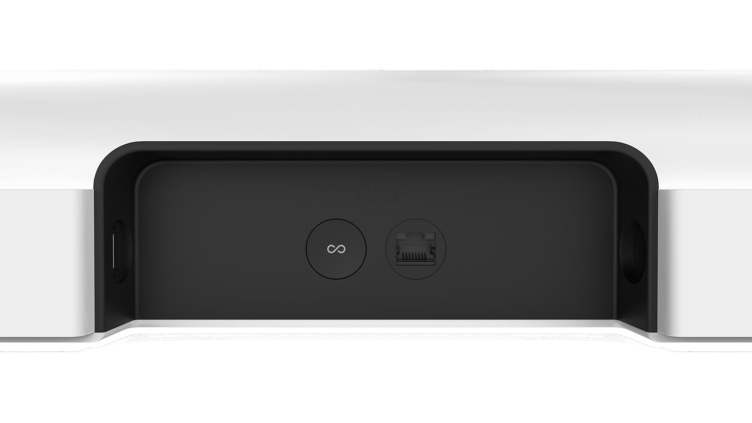 Het achterpaneel van een witte soundbar met aansluitpoorten.