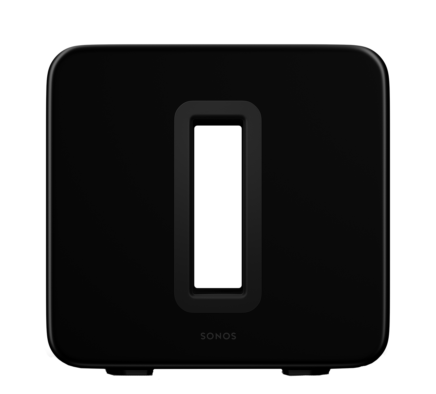 Een zwarte Sonos Sub subwoofer. Hij heeft een rechthoekige vorm met een centrale uitsparing.