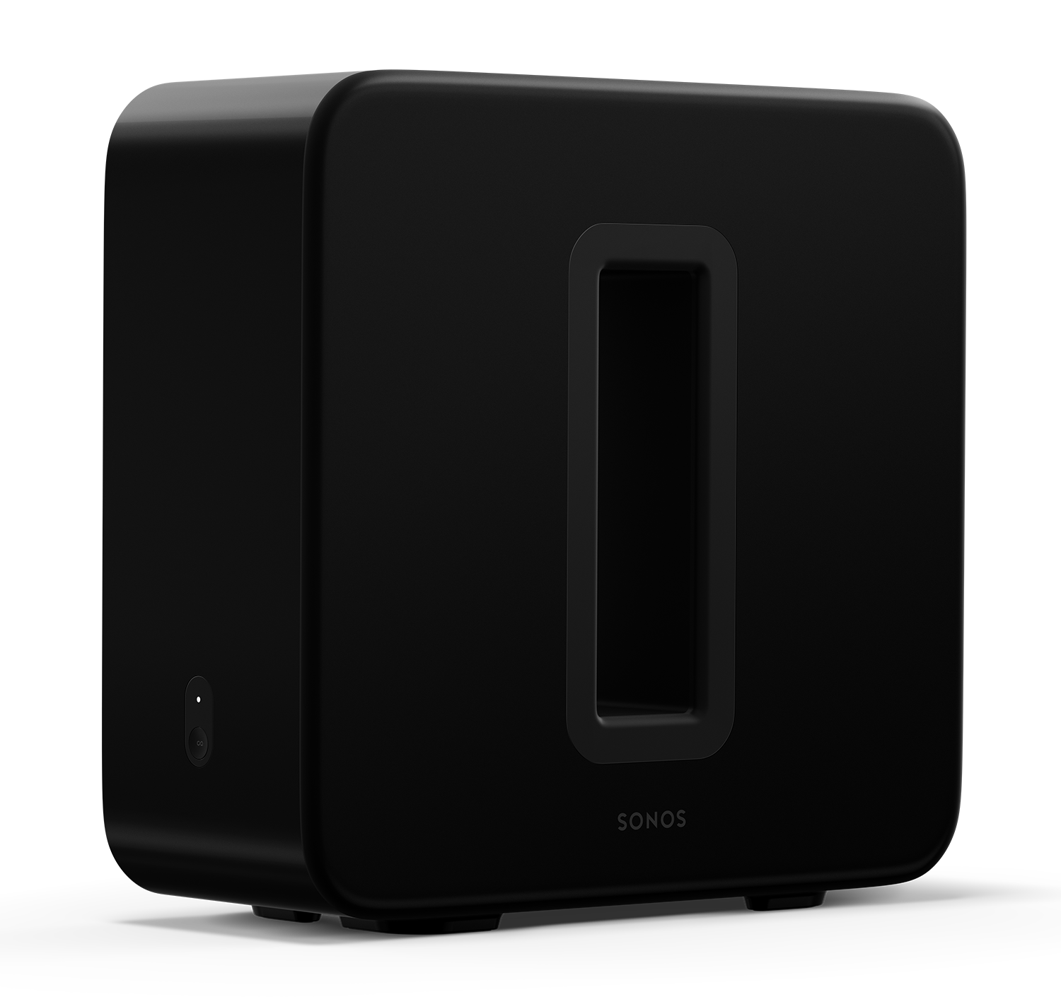 Zwarte Sonos Sub, een rechthoekige subwoofer met een centraal rechthoekig gat.
