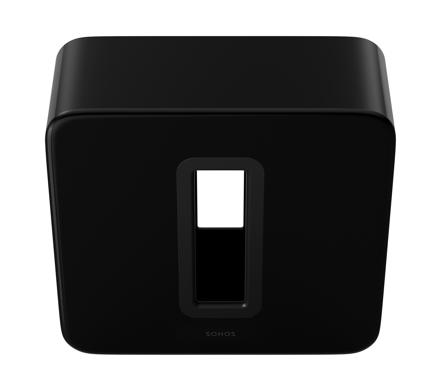 Zwarte Sonos subwoofer. Een vierkant, strak ontwerp met een centrale opening.