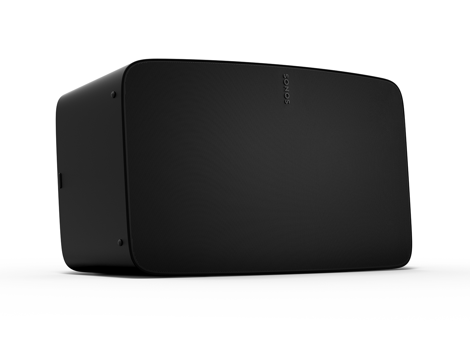 Black Sonos speaker. Rectangular shape with curved sides and a mesh front. The brand name is visible.