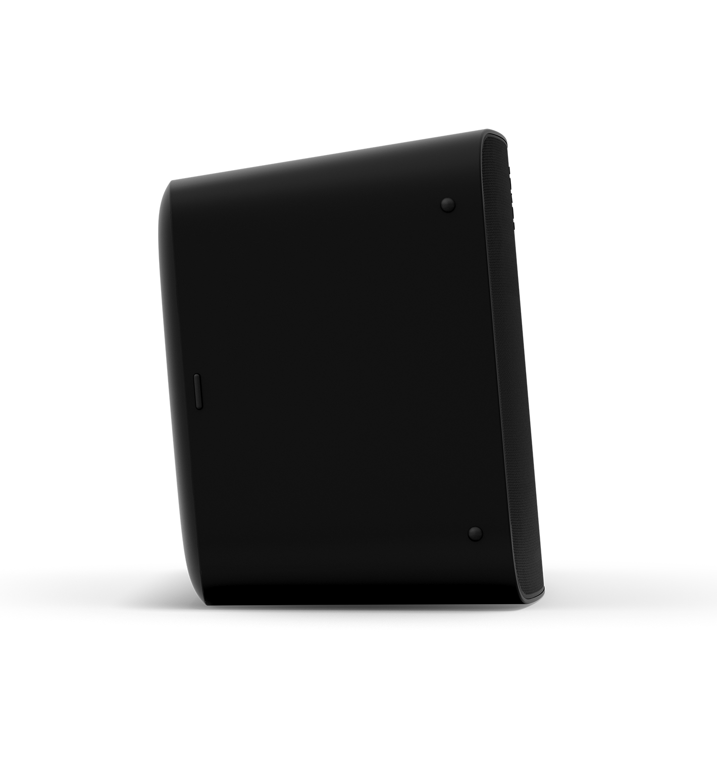 Black speaker, angled, with two screw heads visible, on black.
