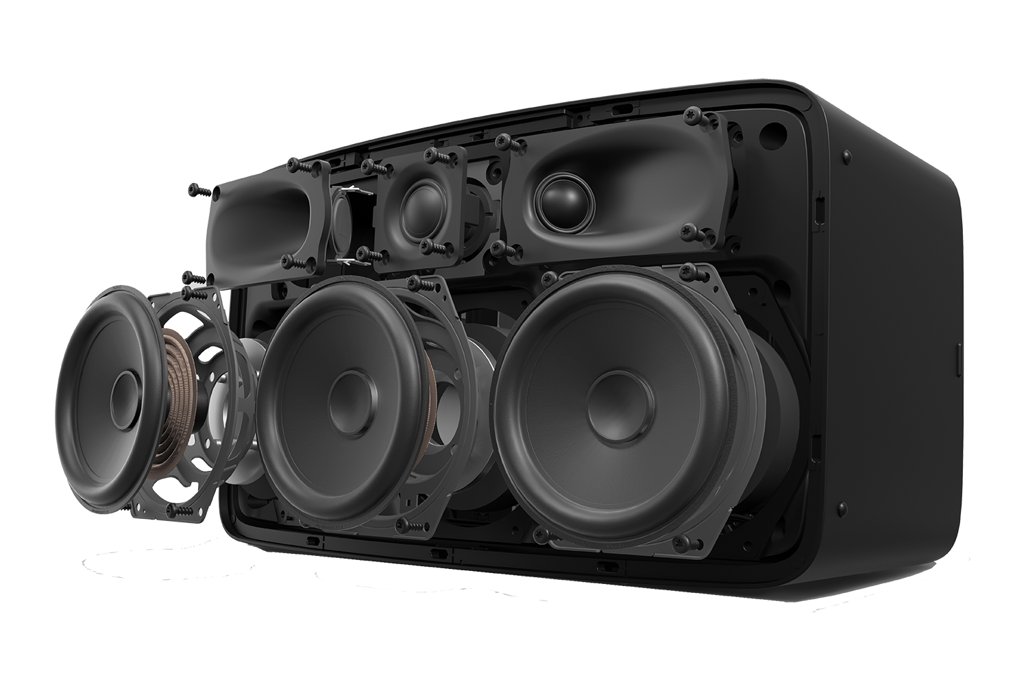 An exploded view of a black speaker, showing the internal components.