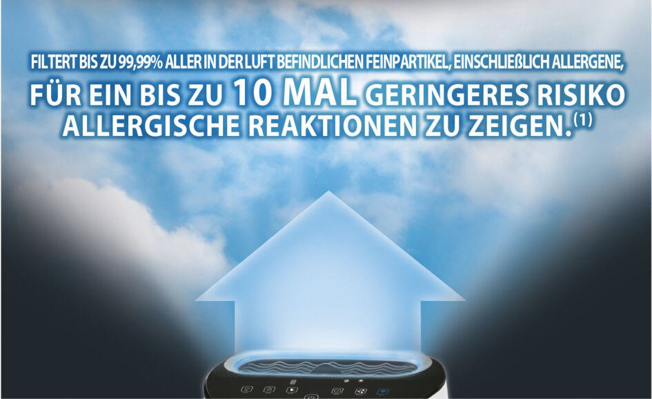 Blauer Himmel mit Pfeil nach oben über einem Luftreiniger, Text über Allergene.
