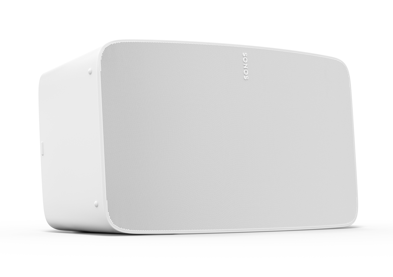 Witte luidspreker met een gaasfront, het woord SONOS in wit op de voorkant.