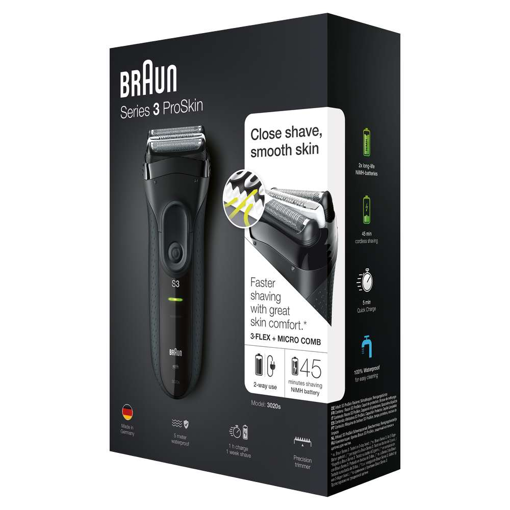 Caja de afeitadora Braun Series 3 ProSkin negra, con detalles e imágenes del producto.