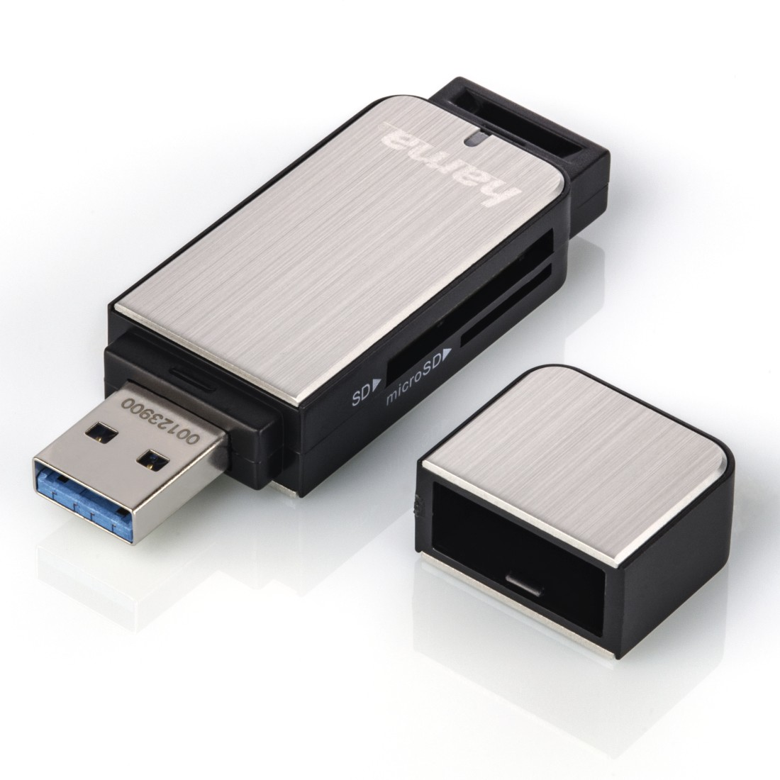 USB-Stick mit schwarz-silbernem Farbschema, offen, und dem Markennamen Hama.