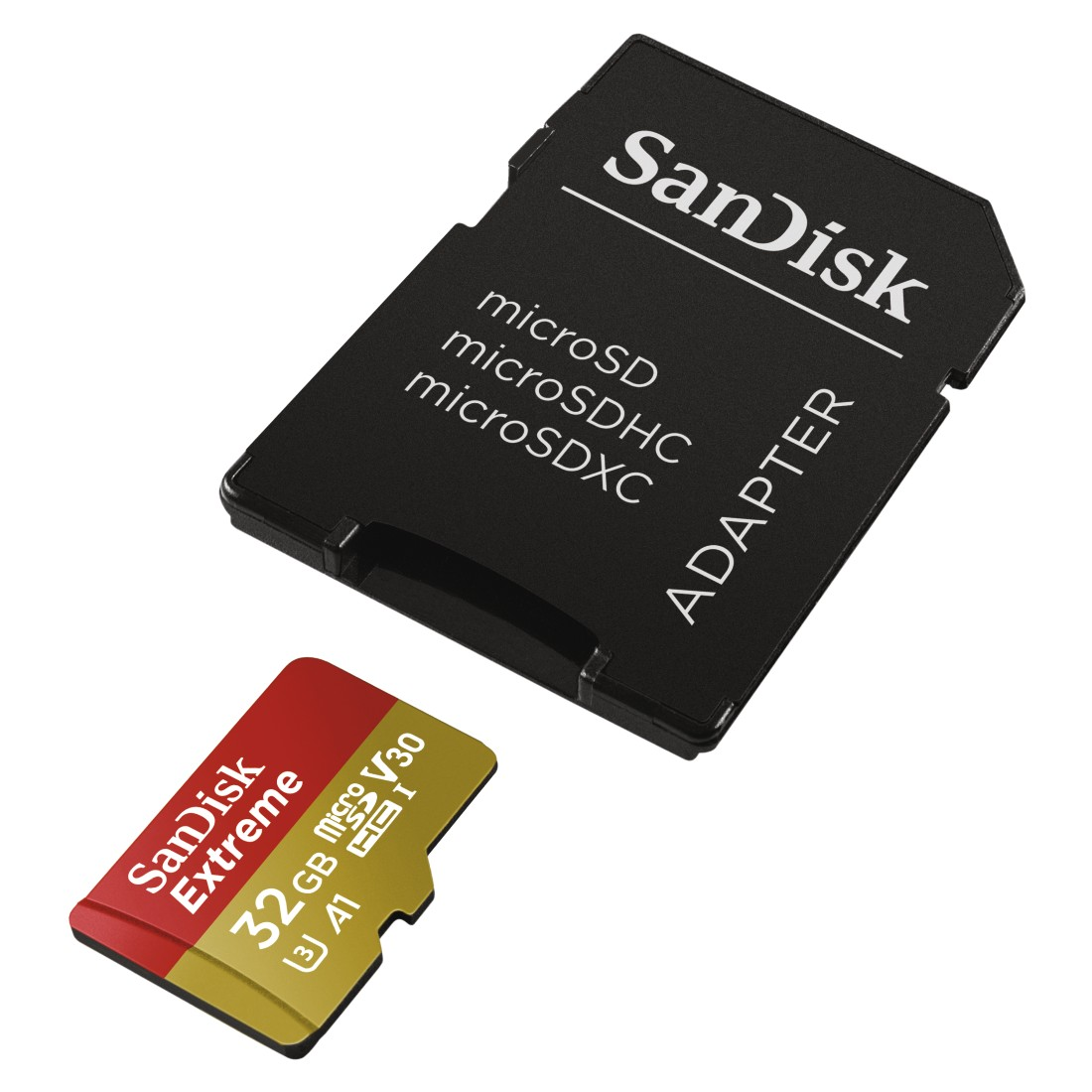 Eine SanDisk Extreme microSD-Karte mit Adapter auf weißem Hintergrund.