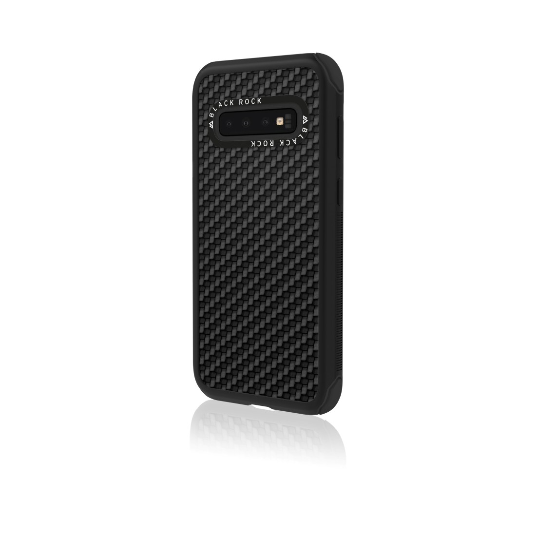 Black Rock Handyhülle mit Kohlefasertextur, zeigt ein Telefon darin.