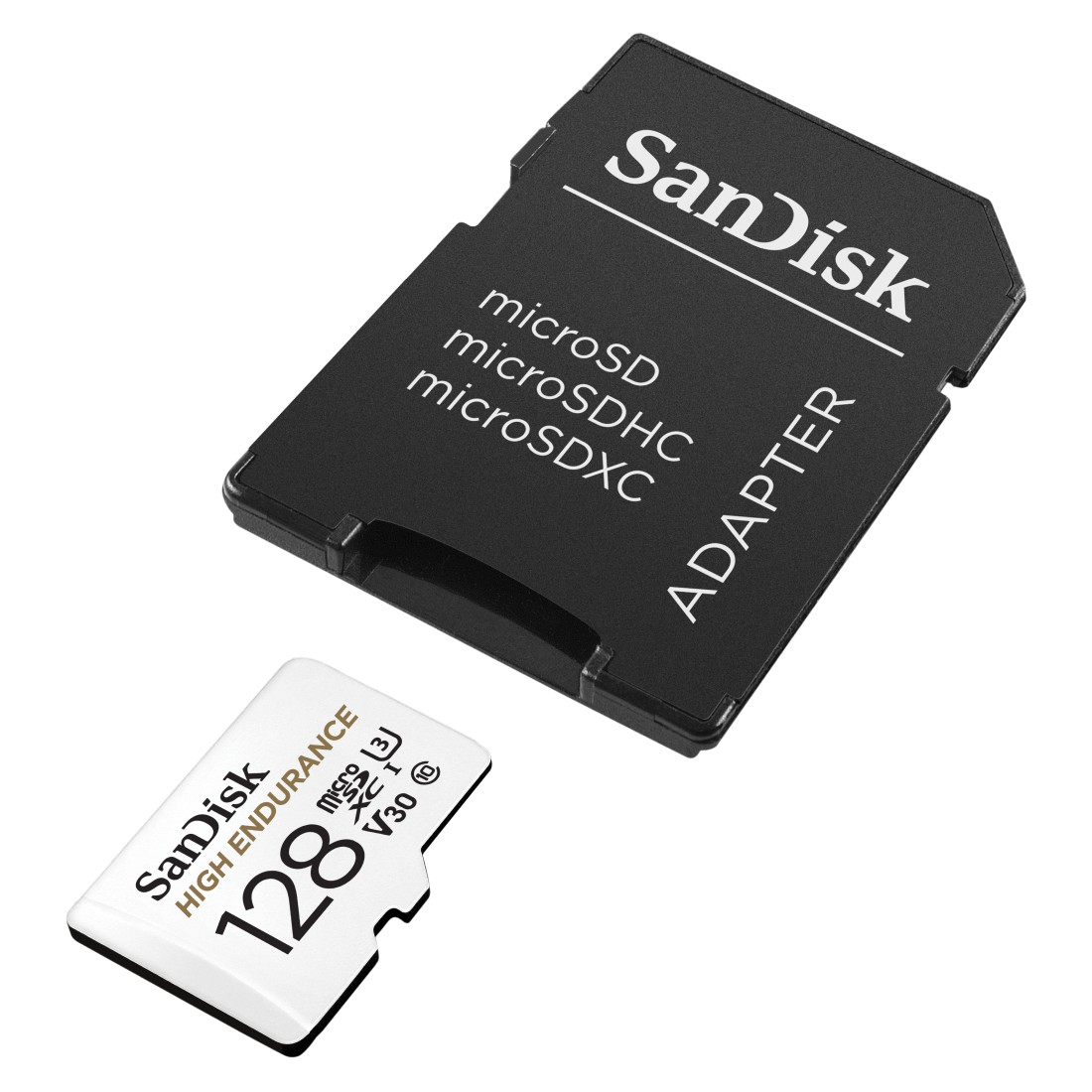 Sandisk microSD-Karte und Adapter. Die Karte hat 128 GB.