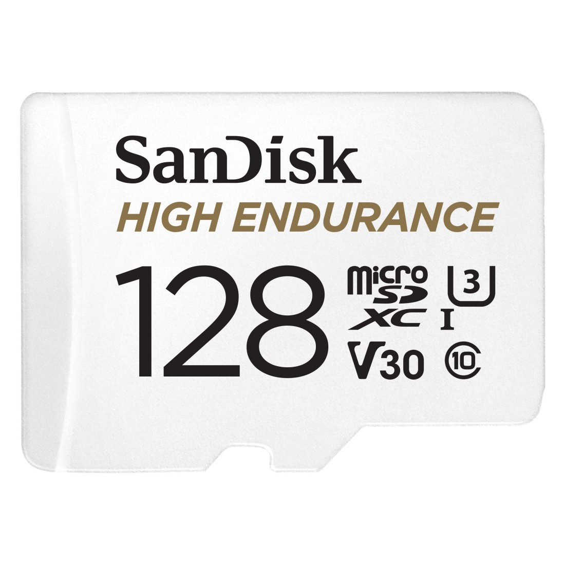 Weiße 128GB microSD-Karte mit schwarzem Text, Sandisk-Logo, hohe Ausdauer.