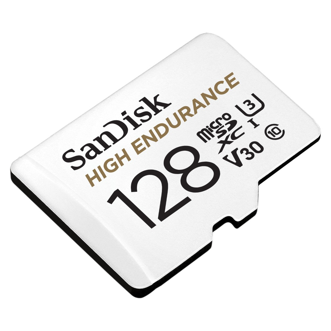 Weiße SanDisk 128GB microSD-Karte. Text: HIGH ENDURANCE, micro XC I V30.