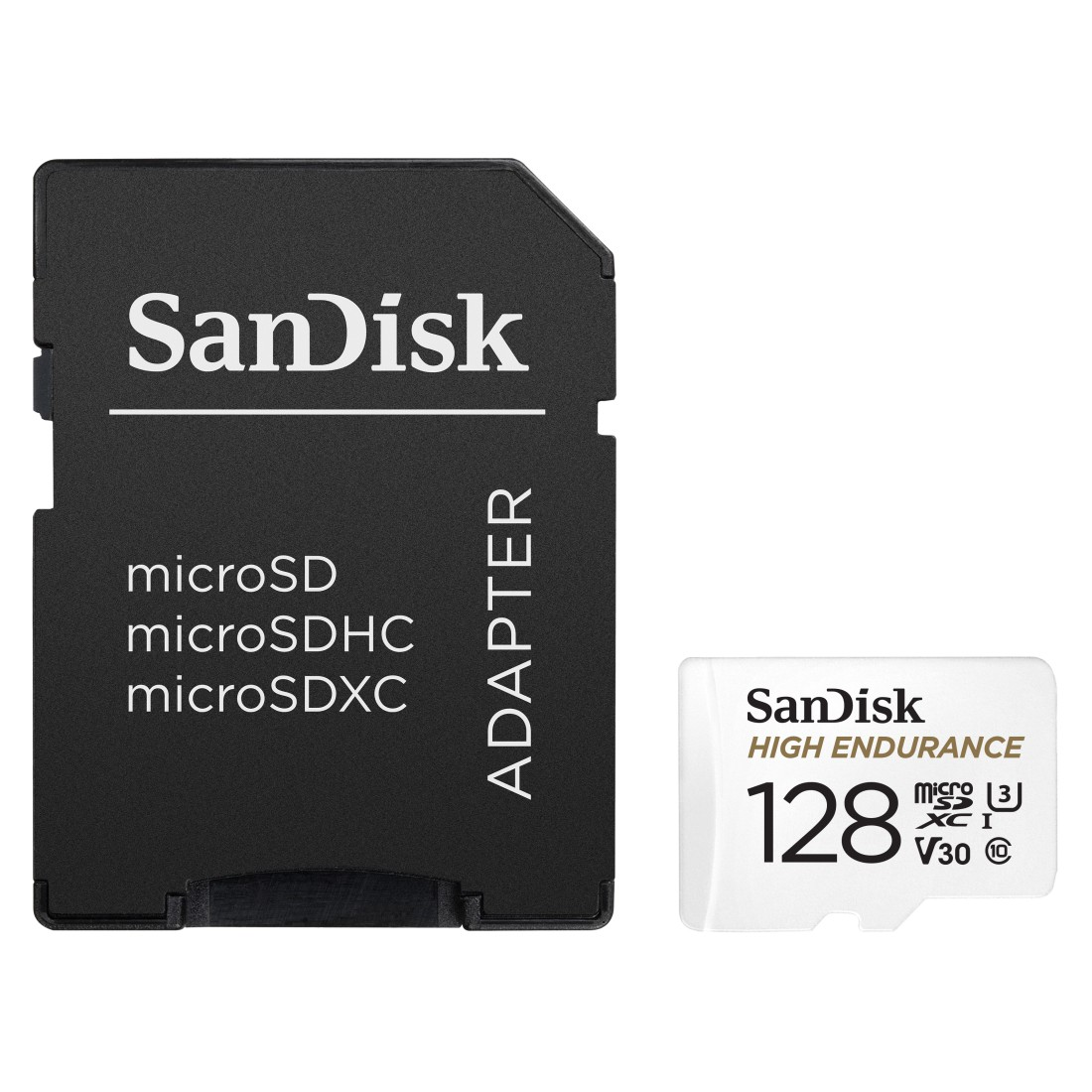 SanDisk microSD-Karte und Adapter, schwarz und weiß.