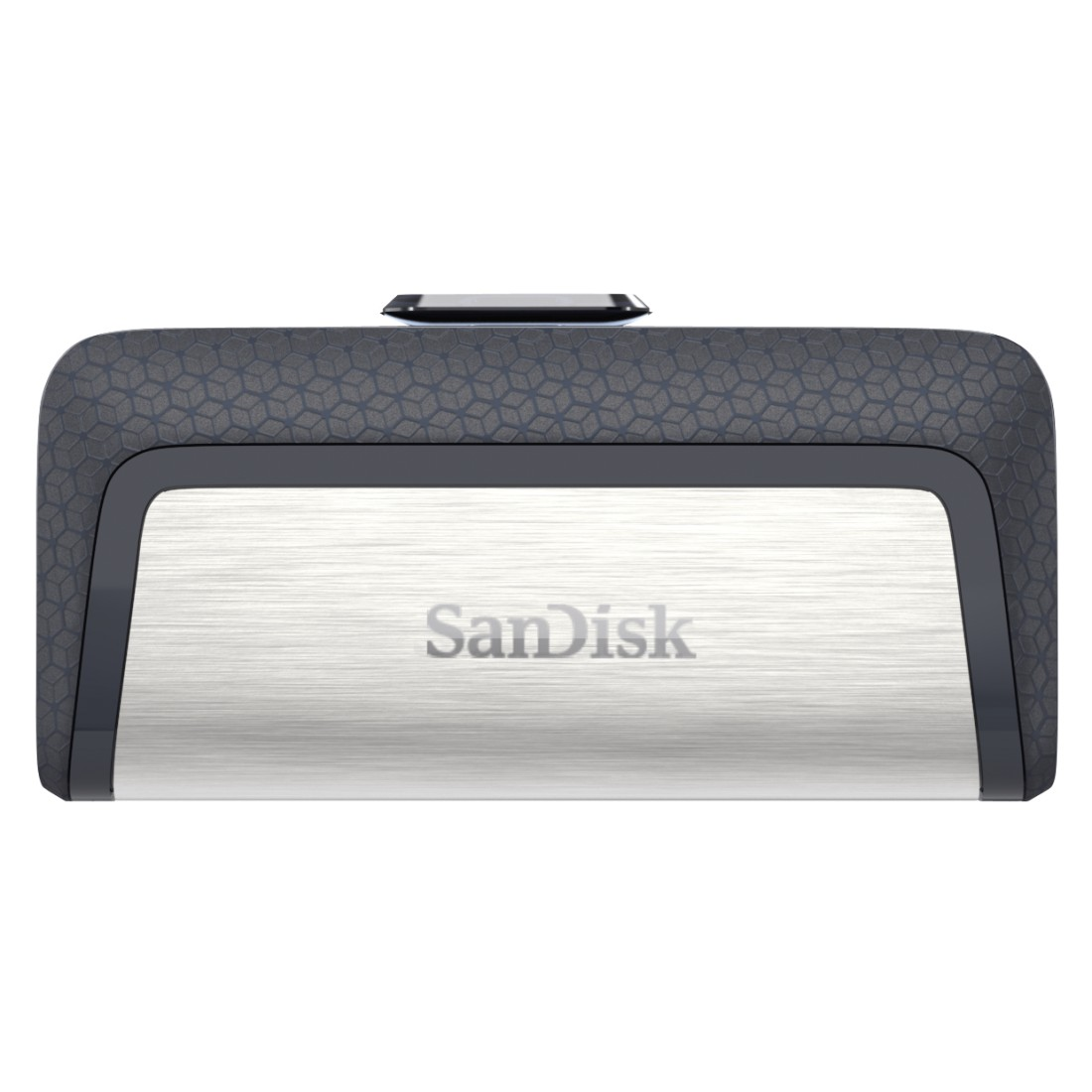 Grauer und silberner SanDisk-USB-Stick. Die Oberseite ist grau, die Vorderseite silber mit SanDisk-Aufdruck.