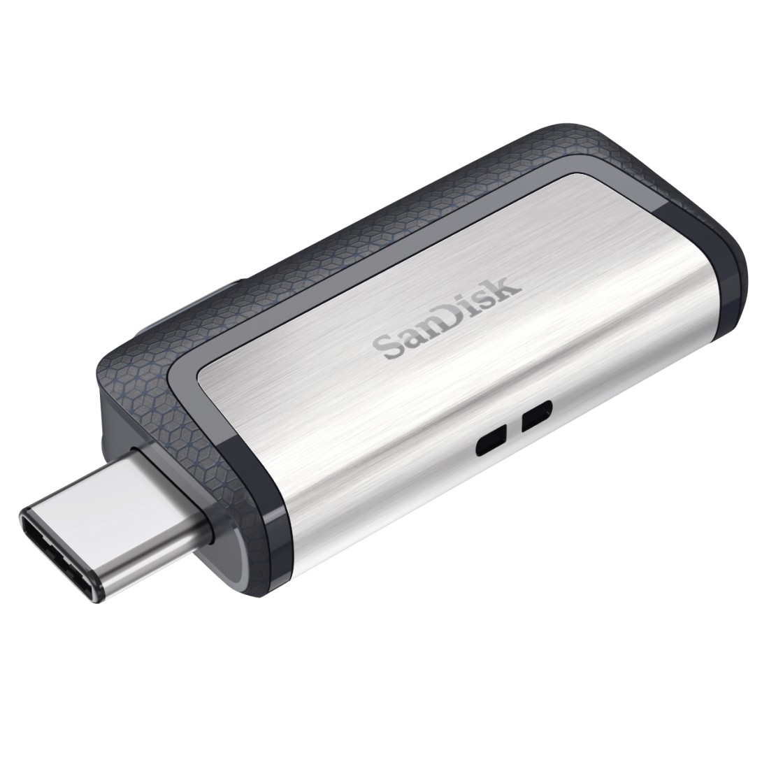 Ein silberner und schwarzer SanDisk USB-C-Flash-Laufwerk wird angezeigt.