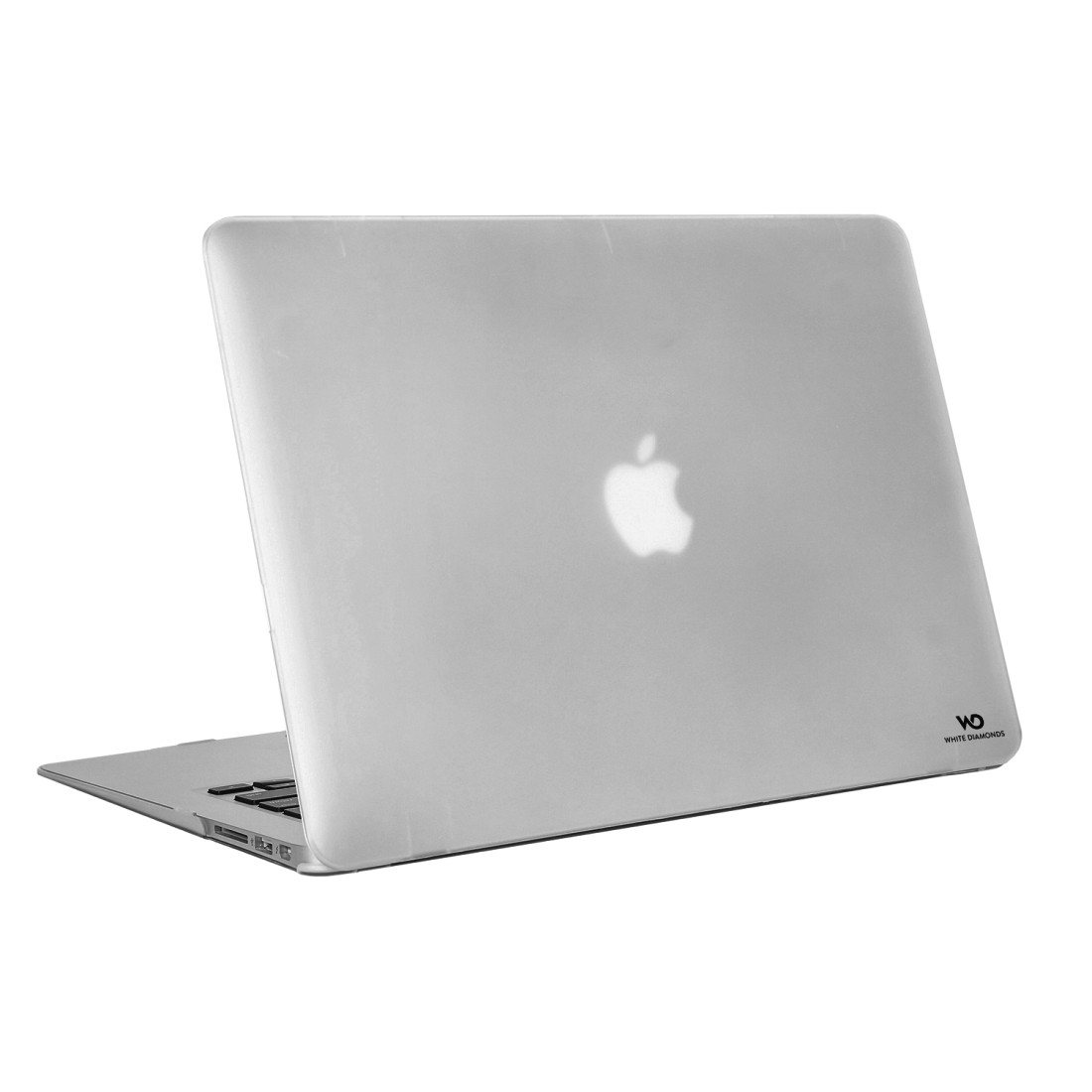 Silberner Laptop mit weißem Apple-Logo auf der Rückseite, vor weißem Hintergrund.