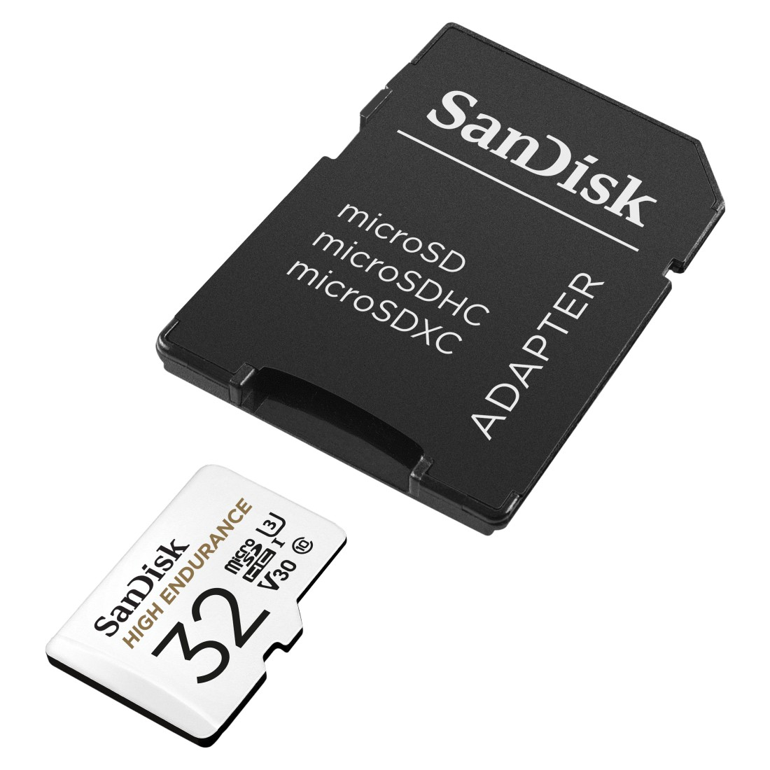 Eine SanDisk microSD-Karte und ein Adapter, mit weißen und schwarzen Farben.