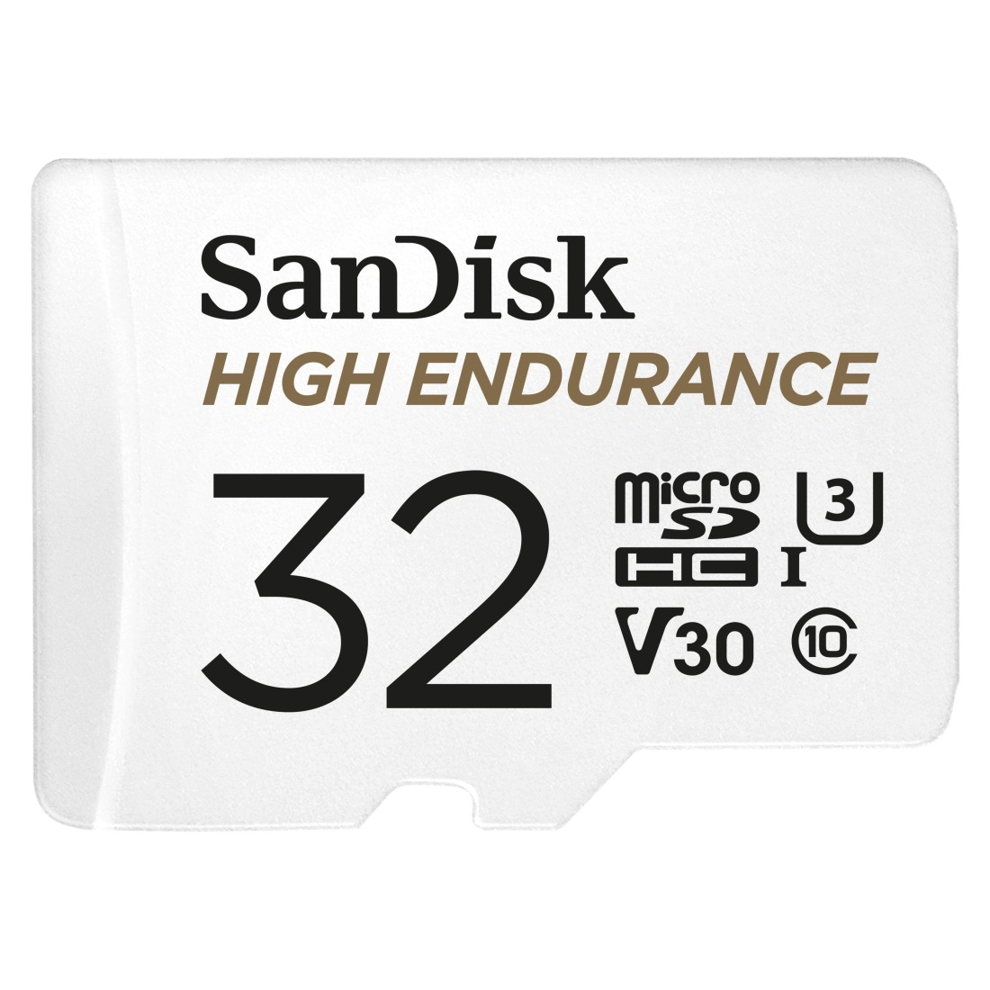 Weiße SanDisk 32GB SD-Karte. Text: High Endurance, Micro SD, V30 und SDHC-Logo.