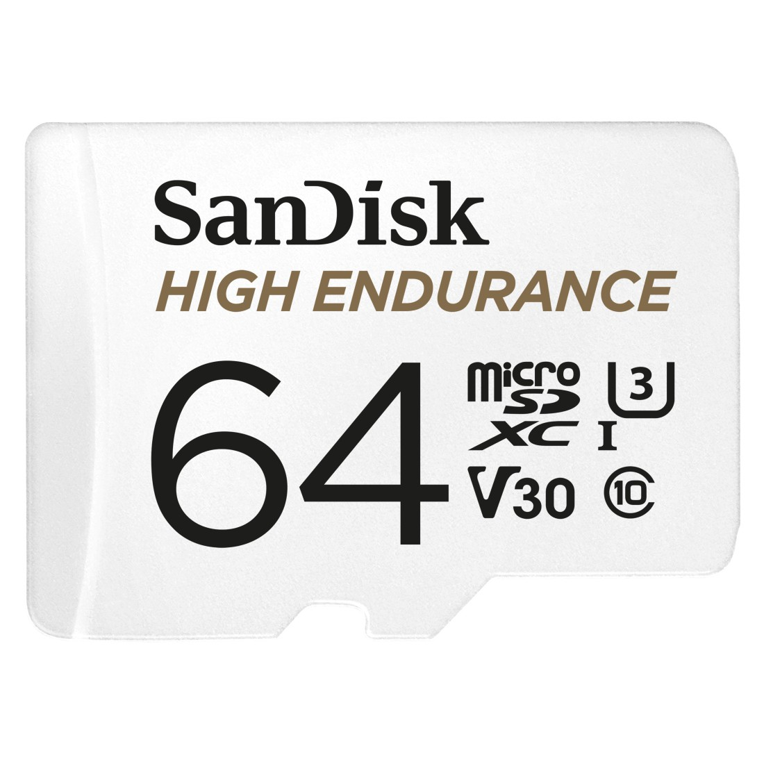 Eine weiße 64GB SanDisk High Endurance microSD-Karte mit Beschriftung.
