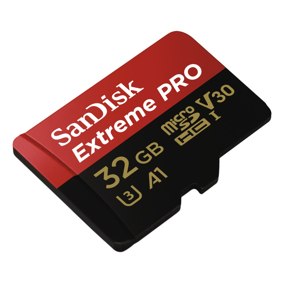 SanDisk Extreme PRO 32GB microSD-Karte mit rotem und schwarzem Design.