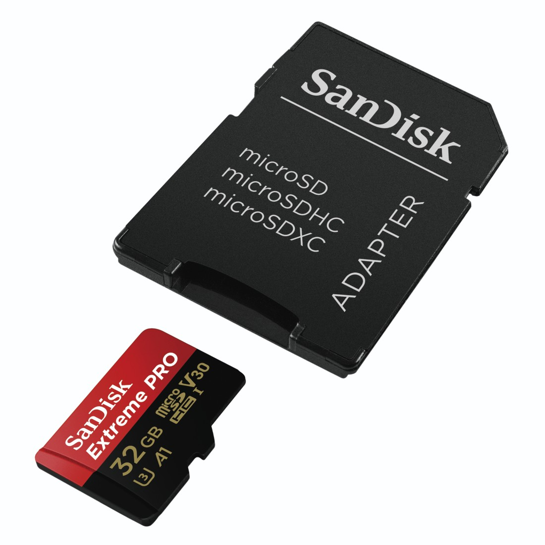 Ein schwarzes SanDisk SD-Karten- und Adapter-Set auf einer weißen Oberfläche.