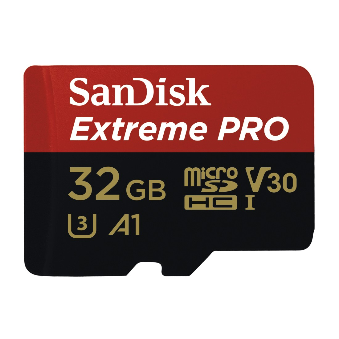 Rote und schwarze SanDisk Extreme PRO microSD-Karte. Weißer Text, schwarzer unterer Bereich.
