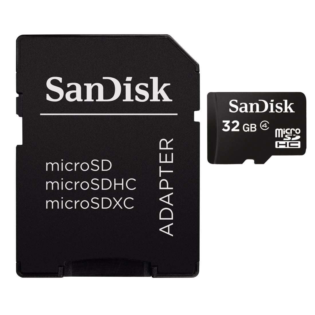 Schwarze SanDisk microSD-Karte und Adapter, mit separater Karte.
