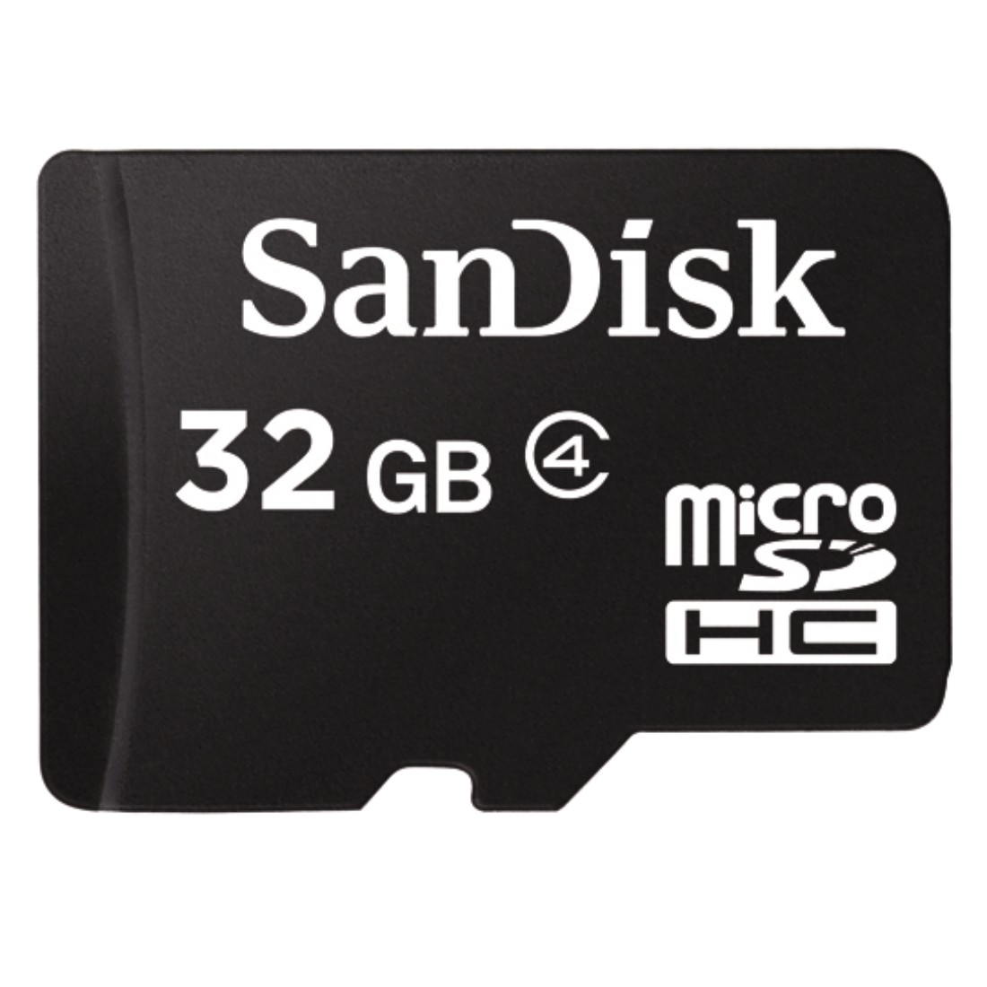 Eine schwarze SanDisk 32GB MicroSDHC Speicherkarte, weißer Text.