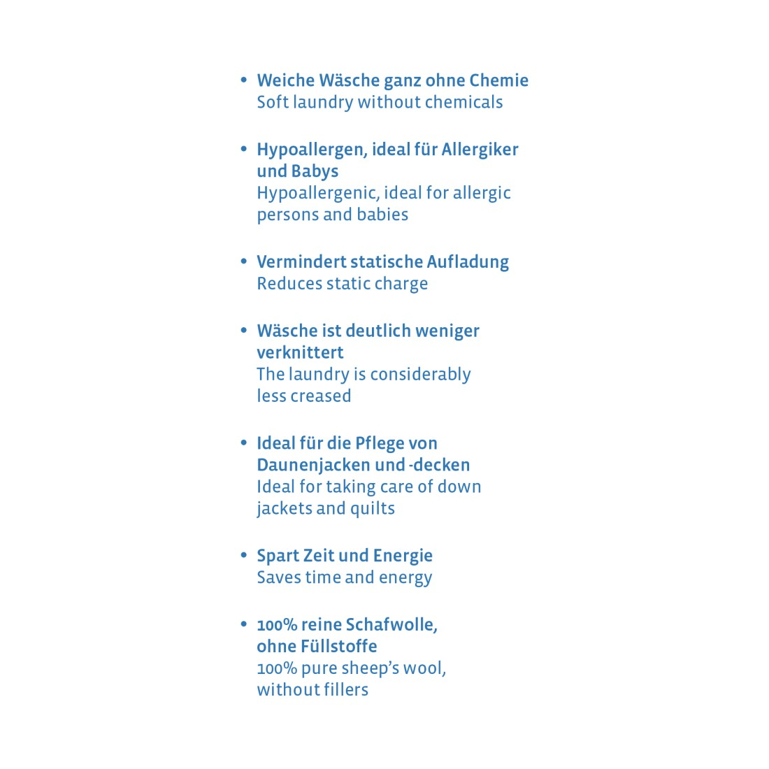 Textliste mit Aufzählungspunkten, die Vorteile der Wäsche beschreiben, auf Deutsch.