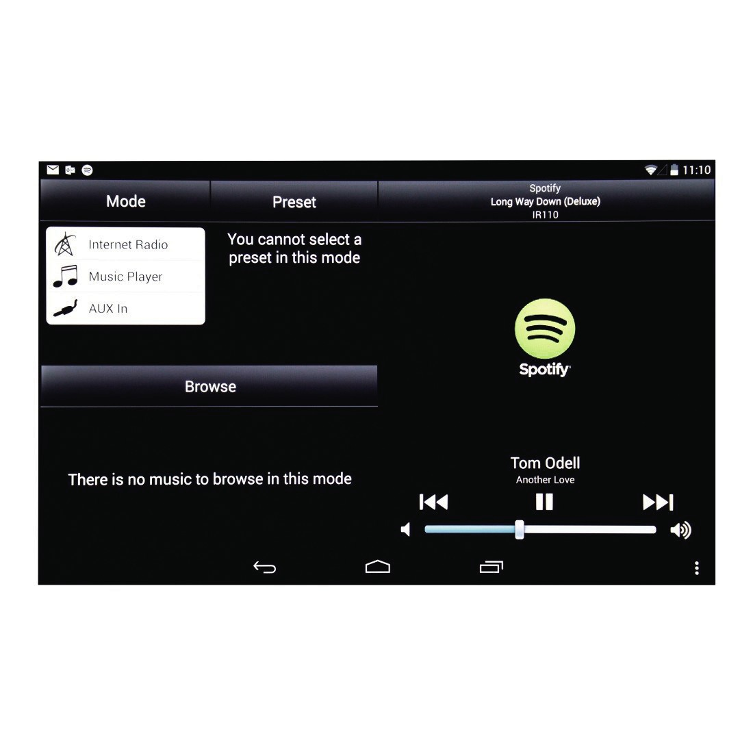 Tablet-Bildschirm zeigt Spotify-Oberfläche, schwarzer Hintergrund.