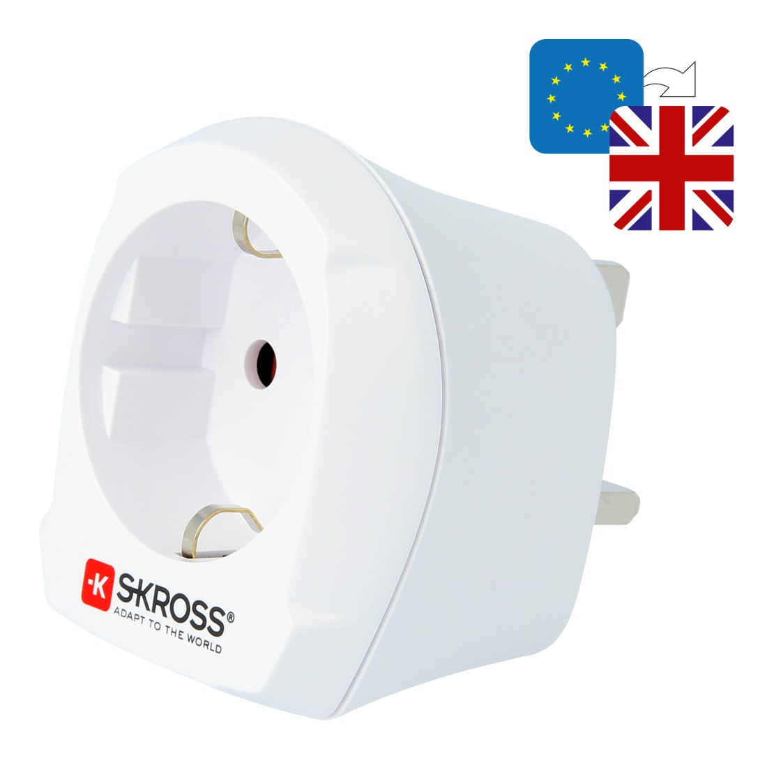 Ein weißer SKROSS-Adapter mit EU- und UK-Flaggen, der sich an die Welt anpasst.