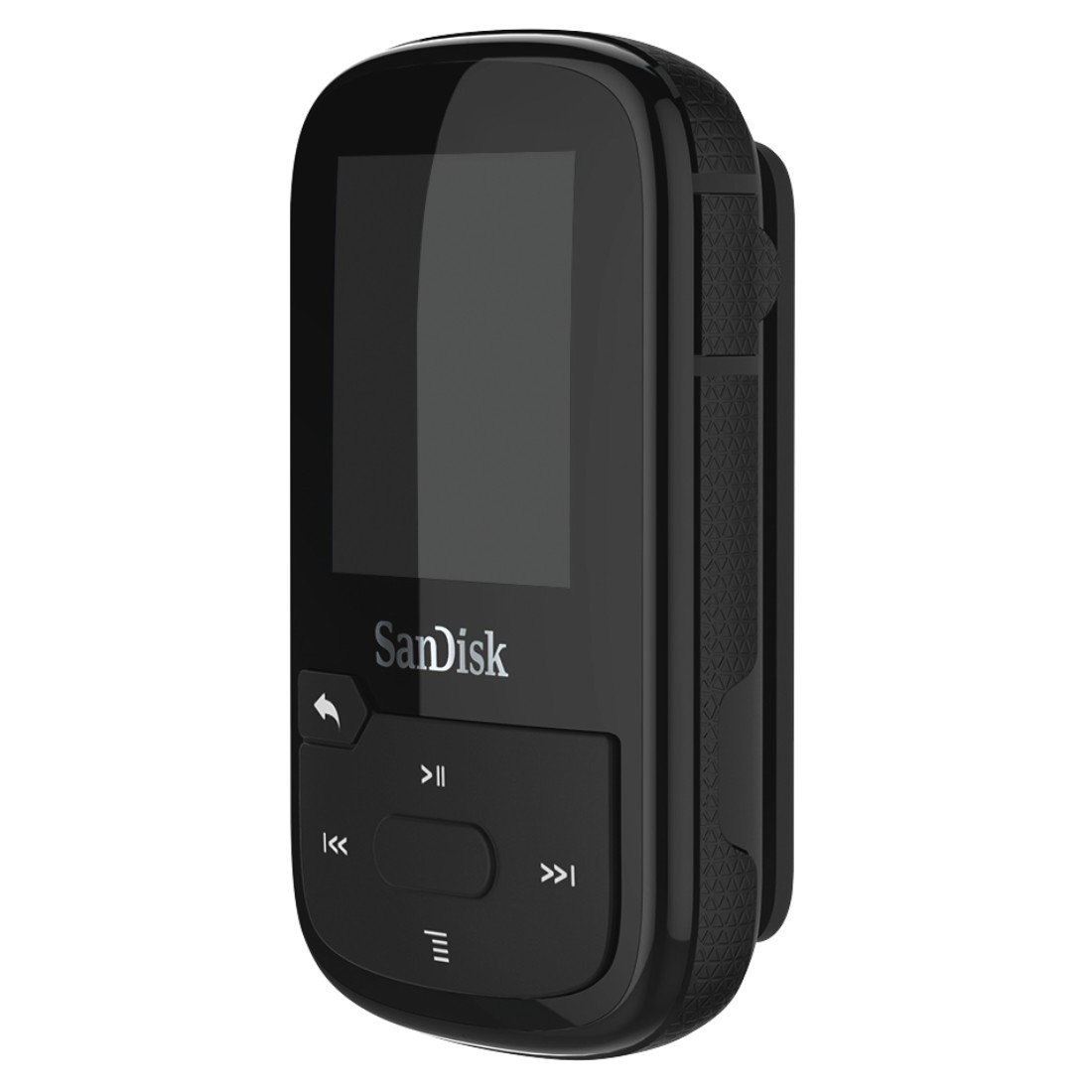 Schwarzer Sandisk MP3-Player mit Bildschirm und Knöpfen, Clip auf der Rückseite.
