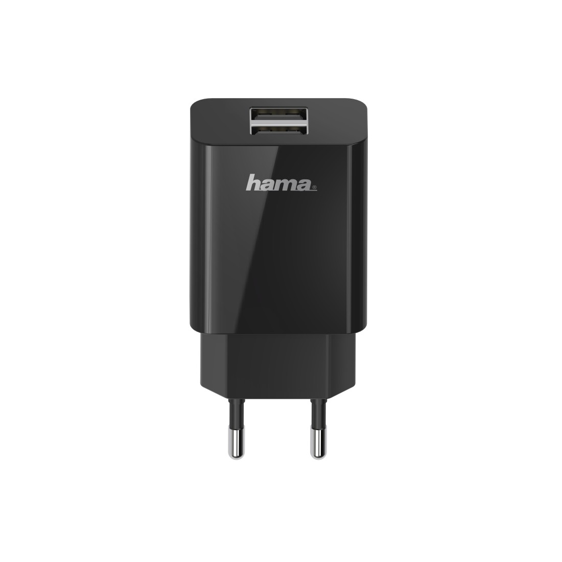Schwarzes Hama USB-Ladegerät mit zwei USB-Anschlüssen. Es hat einen Eurostecker.