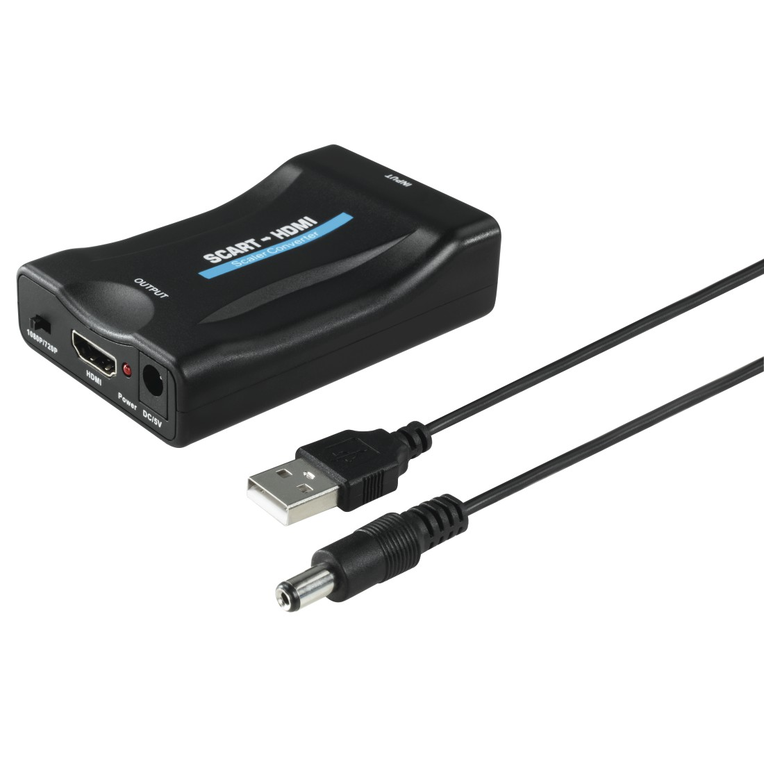 Ein schwarzer SCART-zu-HDMI-Konverter mit angeschlossenen USB- und Stromkabeln, auf Weiß.