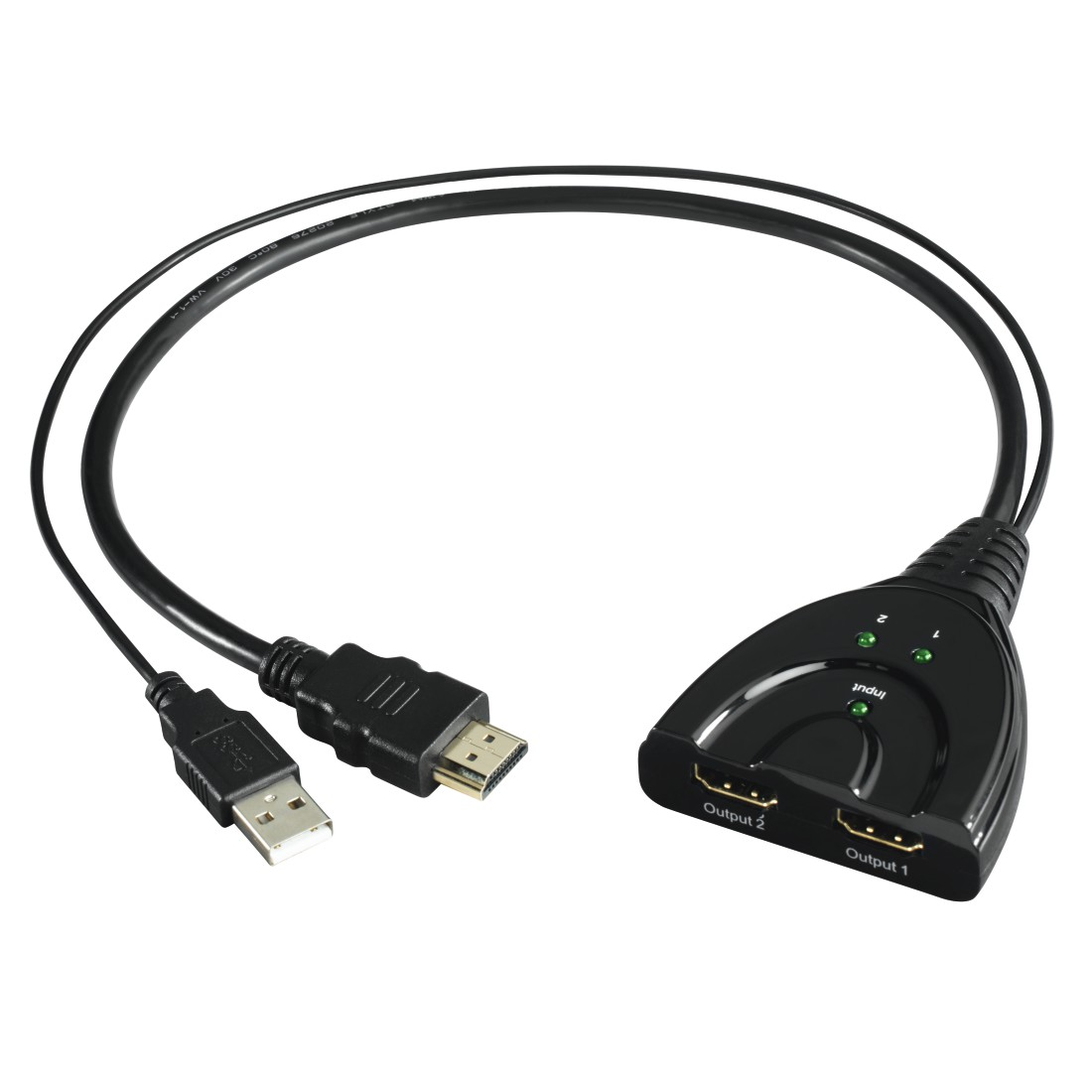 Ein schwarzer HDMI-Splitter mit USB- und HDMI-Kabeln.