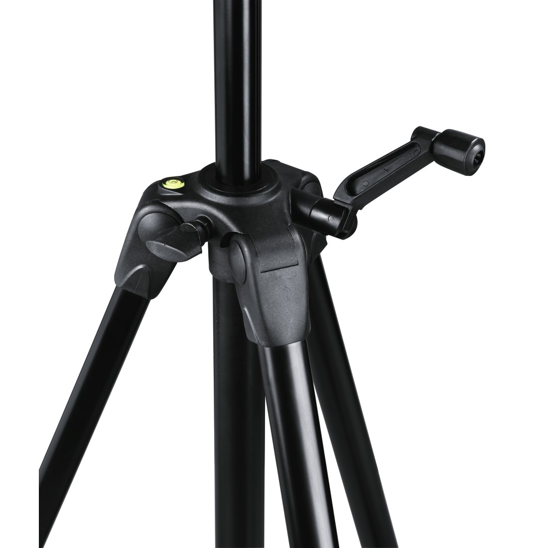 Ein schwarzes Stativ mit Griff und Verriegelungsmechanismen.