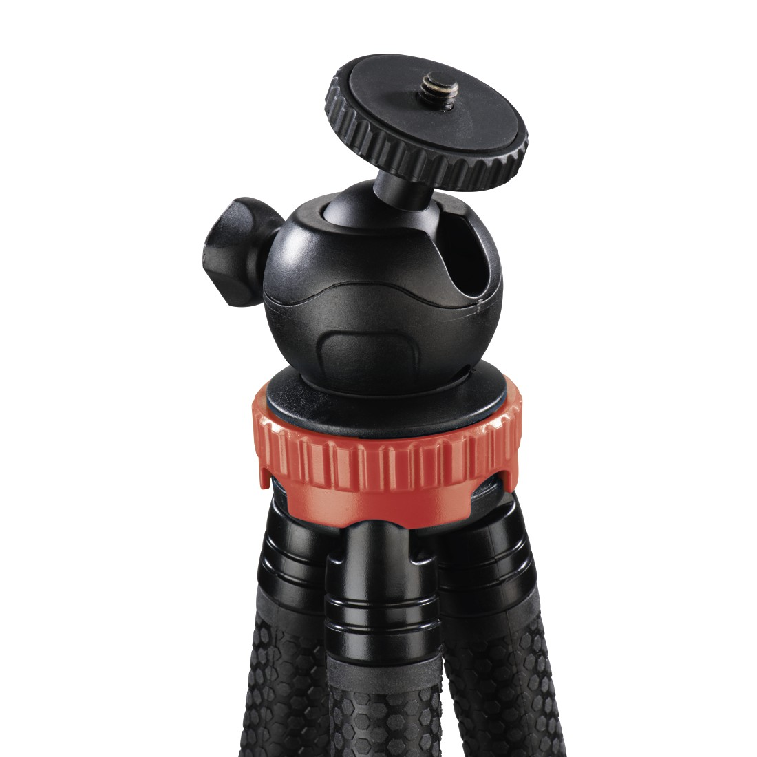 Schwarzes und rotes Mini-Stativ.