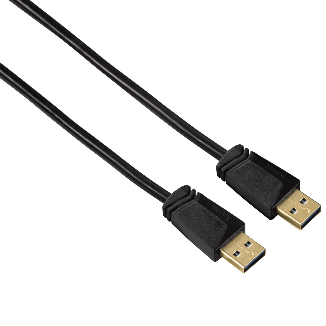 Zwei schwarze USB-Kabel mit USB-A-Anschlüssen. Die Kabel liegen nebeneinander und sind abgewinkelt, mit weißem Hintergrund.