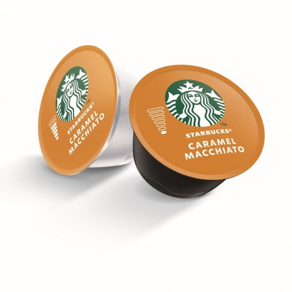 Két karamellás macchiato kávépárna a Starbucks logójával, fehér felületen.