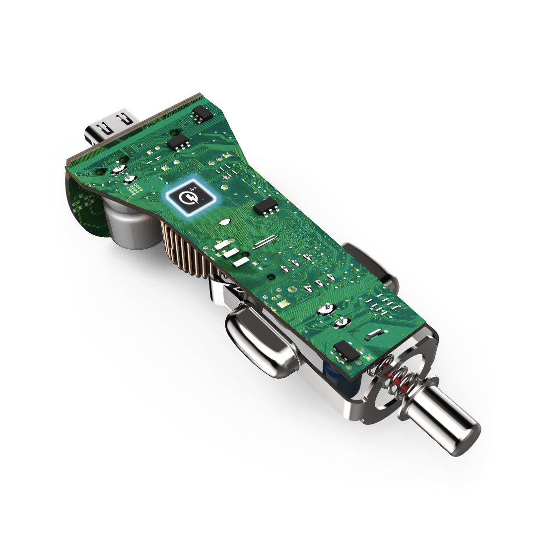 Grüne Leiterplatten-Autoladegerät mit USB-Anschlüssen. Silberne Metallteile. Weißer Hintergrund.