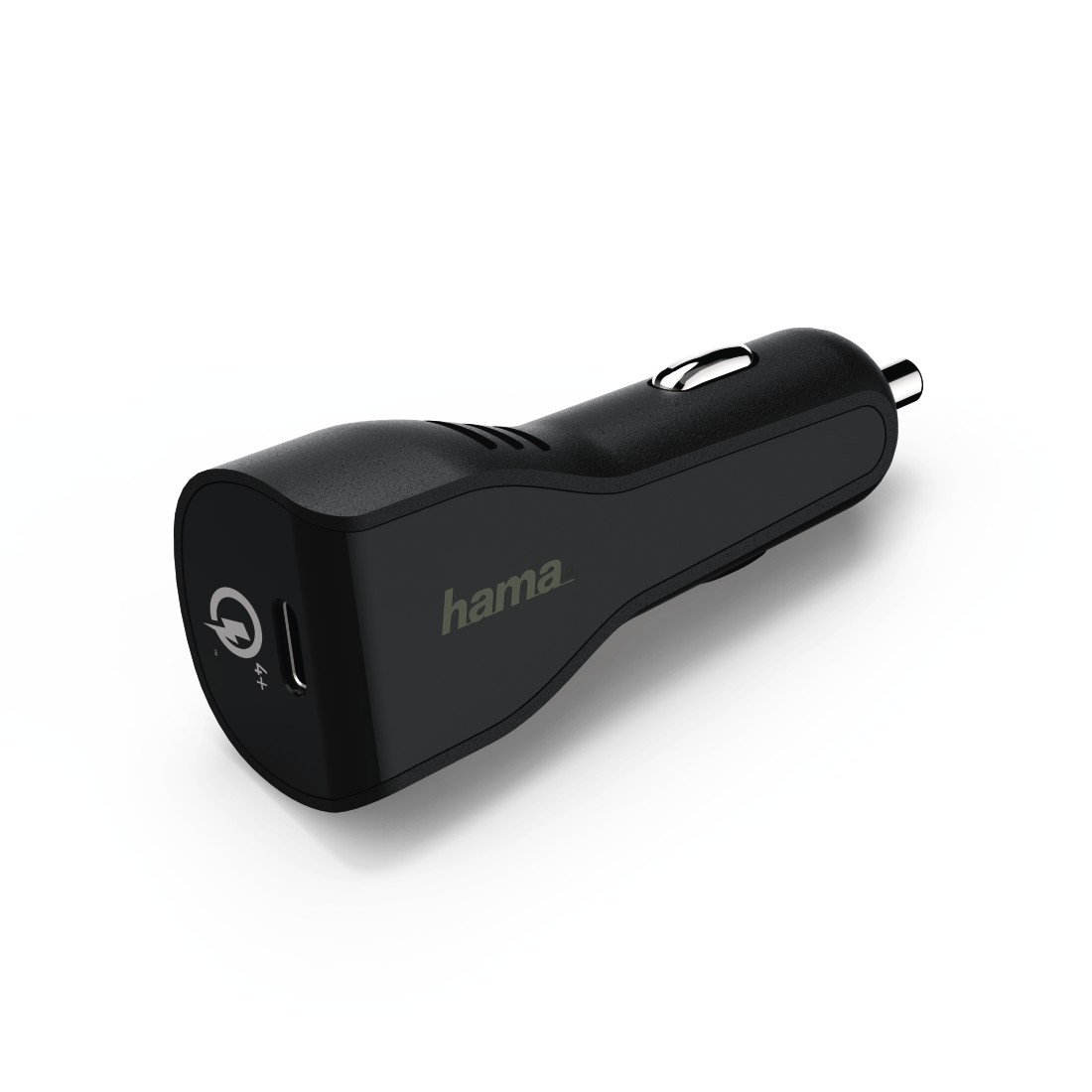 Schwarzes Autoladegerät mit USB-Anschluss. Das Gerät hat das Hama-Logo und ein Stromsymbol.