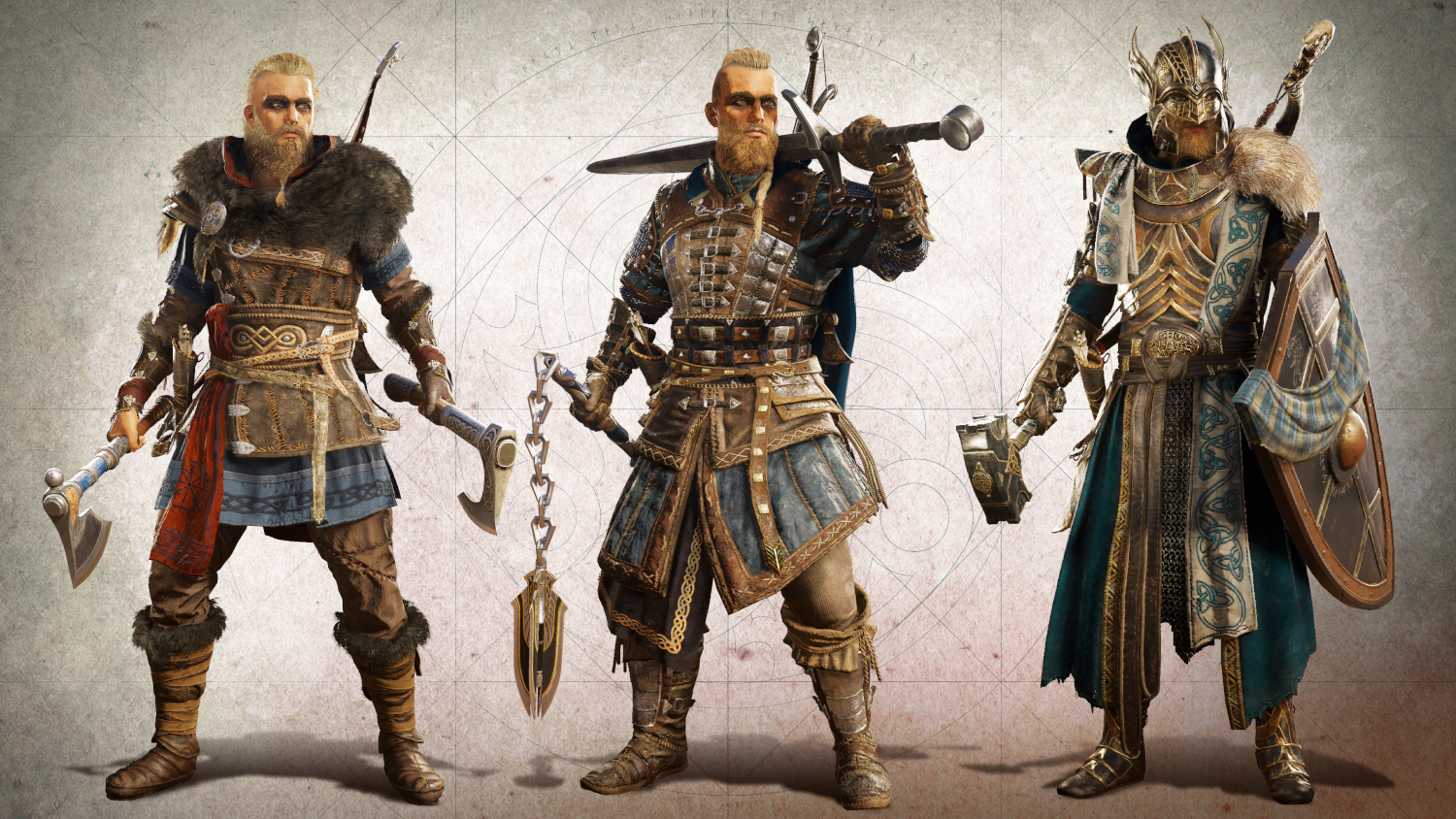 Trois personnages en tenue viking, posant.