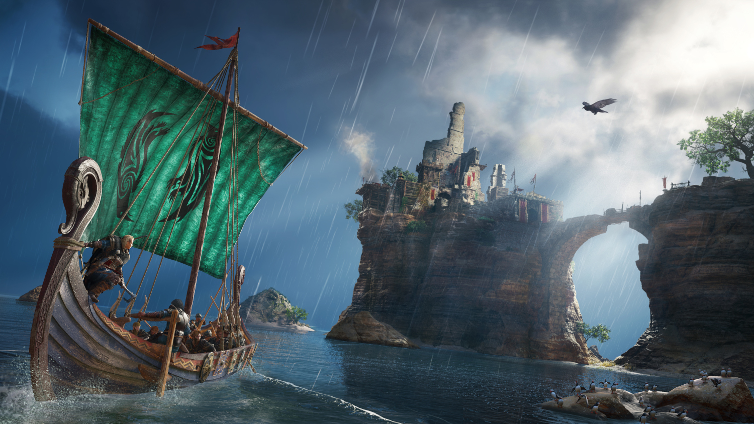 Un drakkar viking naviguant en mer vers un château sur une île rocheuse, sous un ciel orageux.