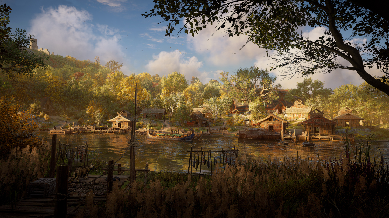 Un paysage pittoresque avec un lac, des maisons, des arbres et un château en arrière-plan.