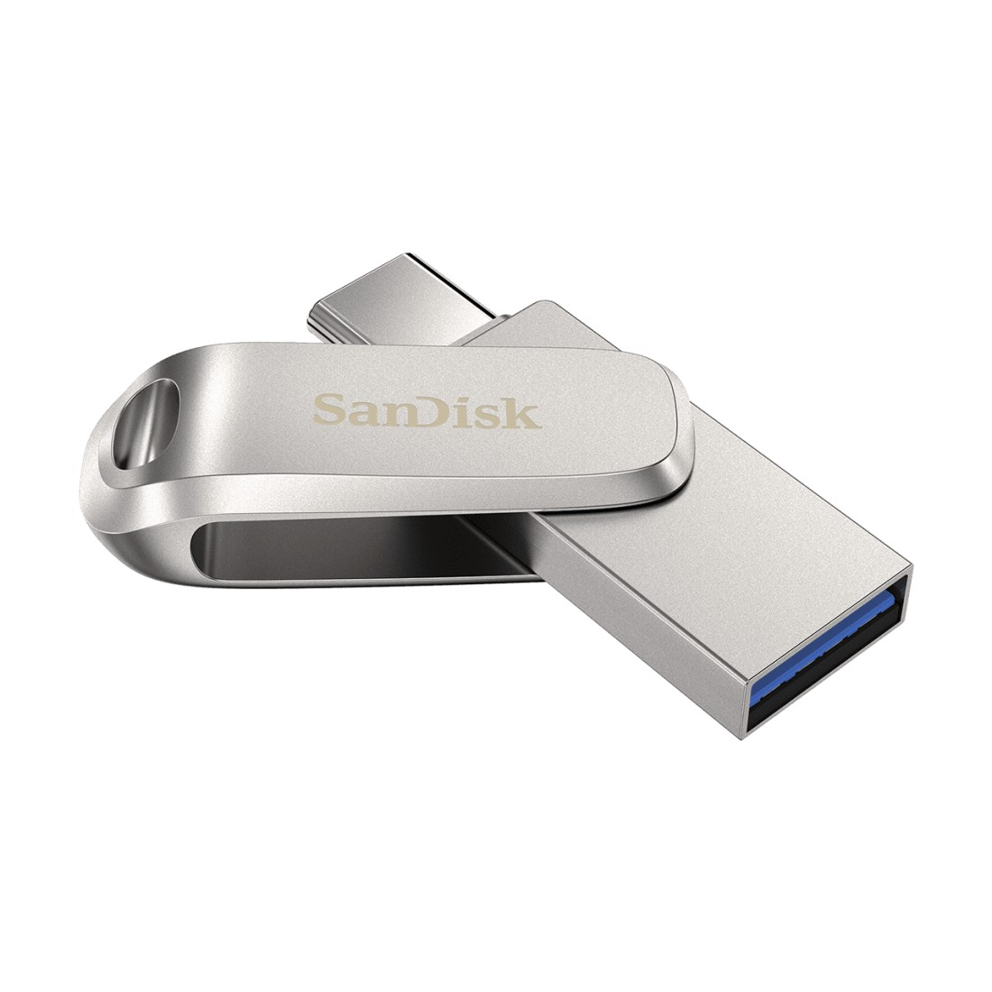 Silberner Sandisk USB-Stick mit blauer Spitze. Das Laufwerk ist gebogen.