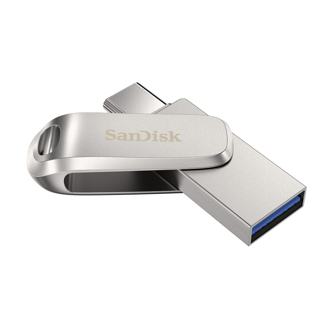 Silberner SanDisk USB-Stick mit blauem Kunststoffanschluss.