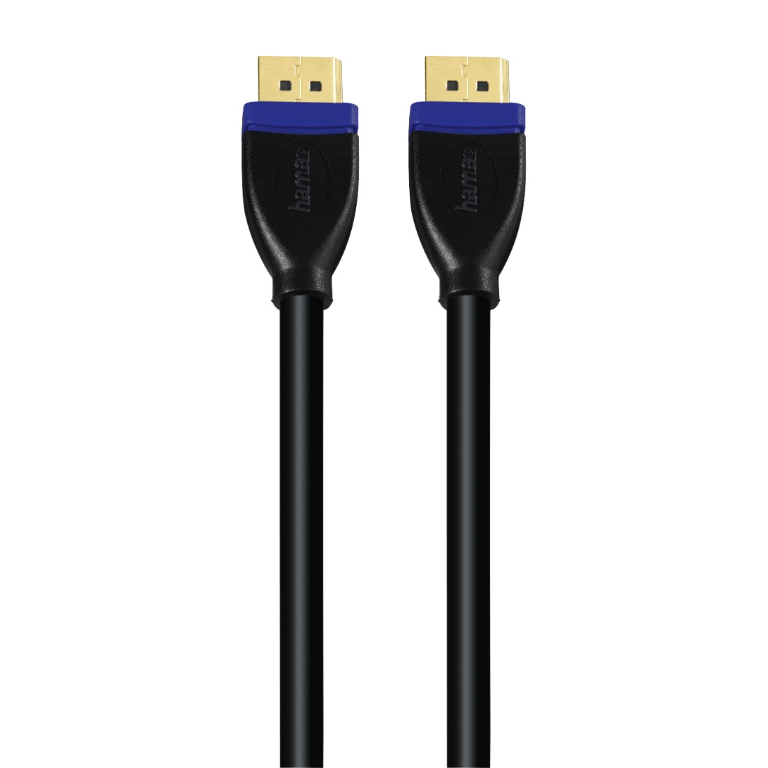 Zwei schwarze HDMI-Kabel mit blauen Steckern, nebeneinander auf weißem Hintergrund. Markenname "hama" ist darauf.