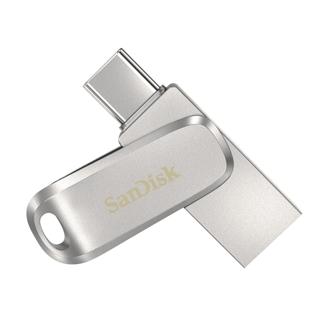 Ein silberner Sandisk USB-Stick mit silbernem Metallgehäuse.
