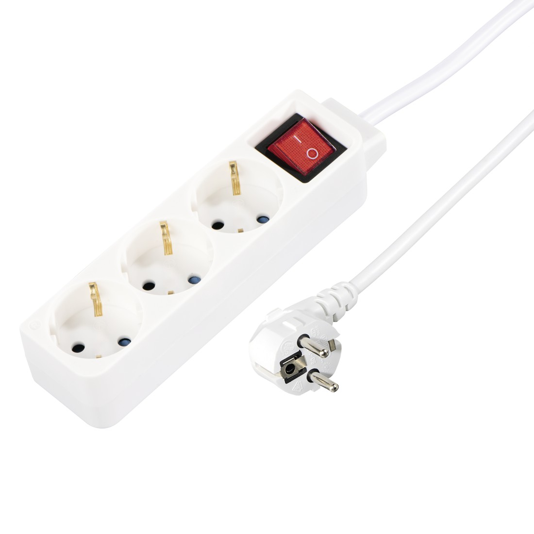 Weiße Steckdosenleiste mit drei Steckplätzen und rotem Schalter, weißem Kabel und Stecker.